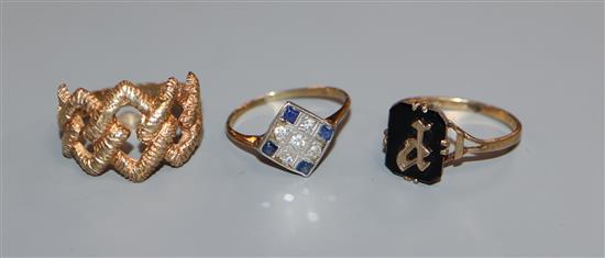 A 9ct gold pierced ring, a sapphire and diamond tablet ring and a signet ring